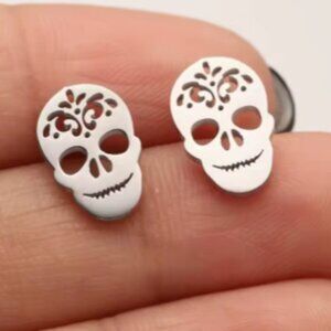 Stainless Steel Sugar Skull Stud Earrings - NEW